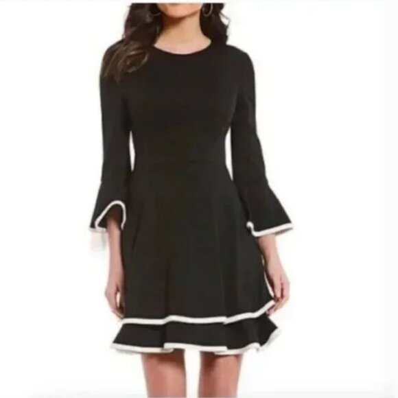 Eliza J Bell Sleeve Ruffled Ponte Knit Dress Black with White Trim Size 4 - Picture 1 of 14